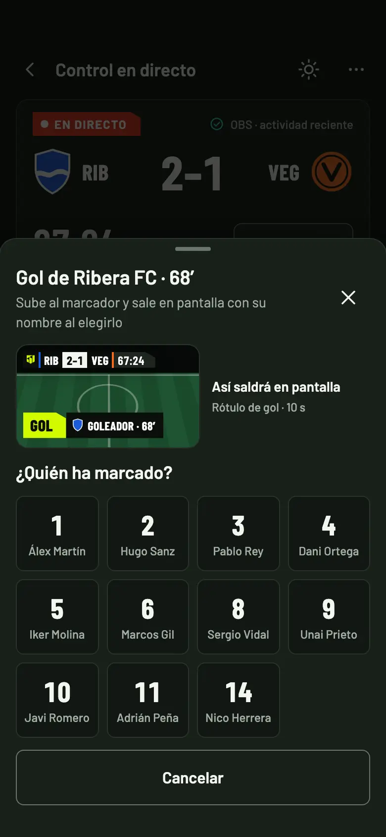 Hoja ¿Quién ha marcado? con los dorsales de Ribera FC y la vista previa del rótulo