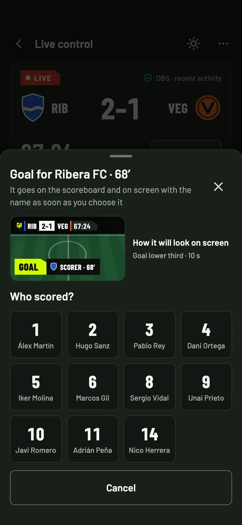 The “Who scored?” sheet with the Ribera FC shirt numbers and the lower third preview