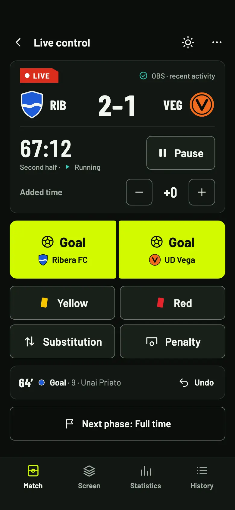 Live control on a phone, with the scoreboard, the clock and the goal buttons