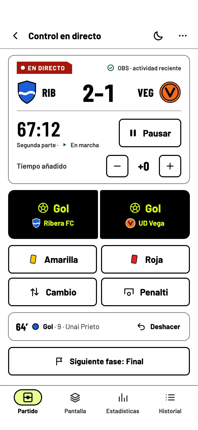 Control en directo con el tema Pleno sol: fondo blanco, texto negro y bordes marcados