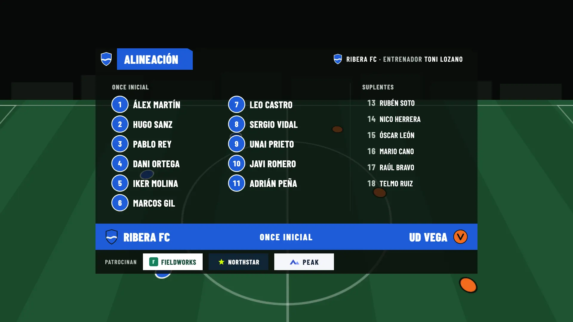 Alineación de Ribera FC en lista, con el título Once inicial, los suplentes y el entrenador