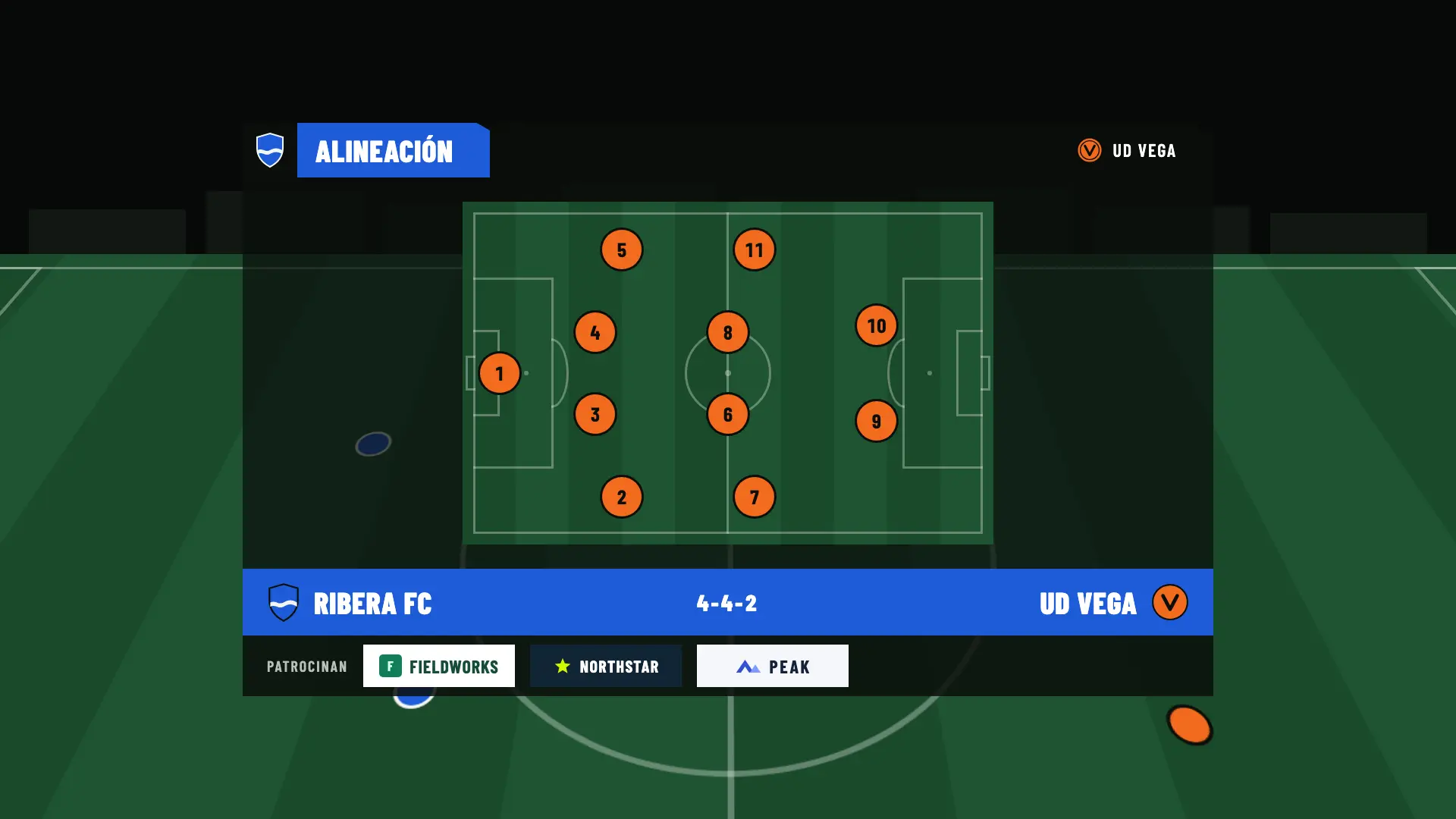 Alineación de UD Vega en 4-4-2 solo con dorsales, sin nombres