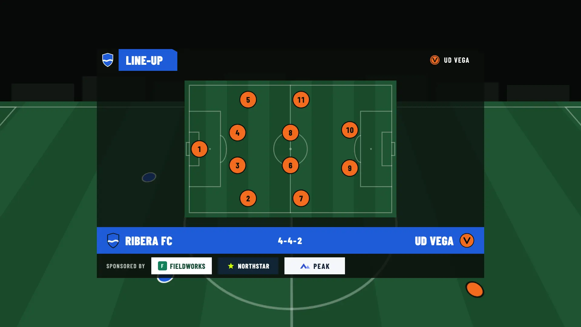 UD Vega line-up in a 4-4-2 with shirt numbers only, no names