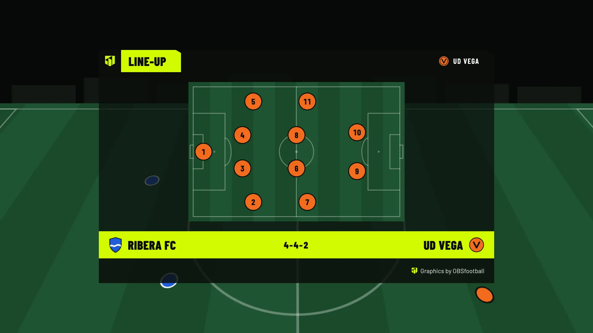 UD Vega line-up in a 4-4-2 formation with shirt numbers only, no names
