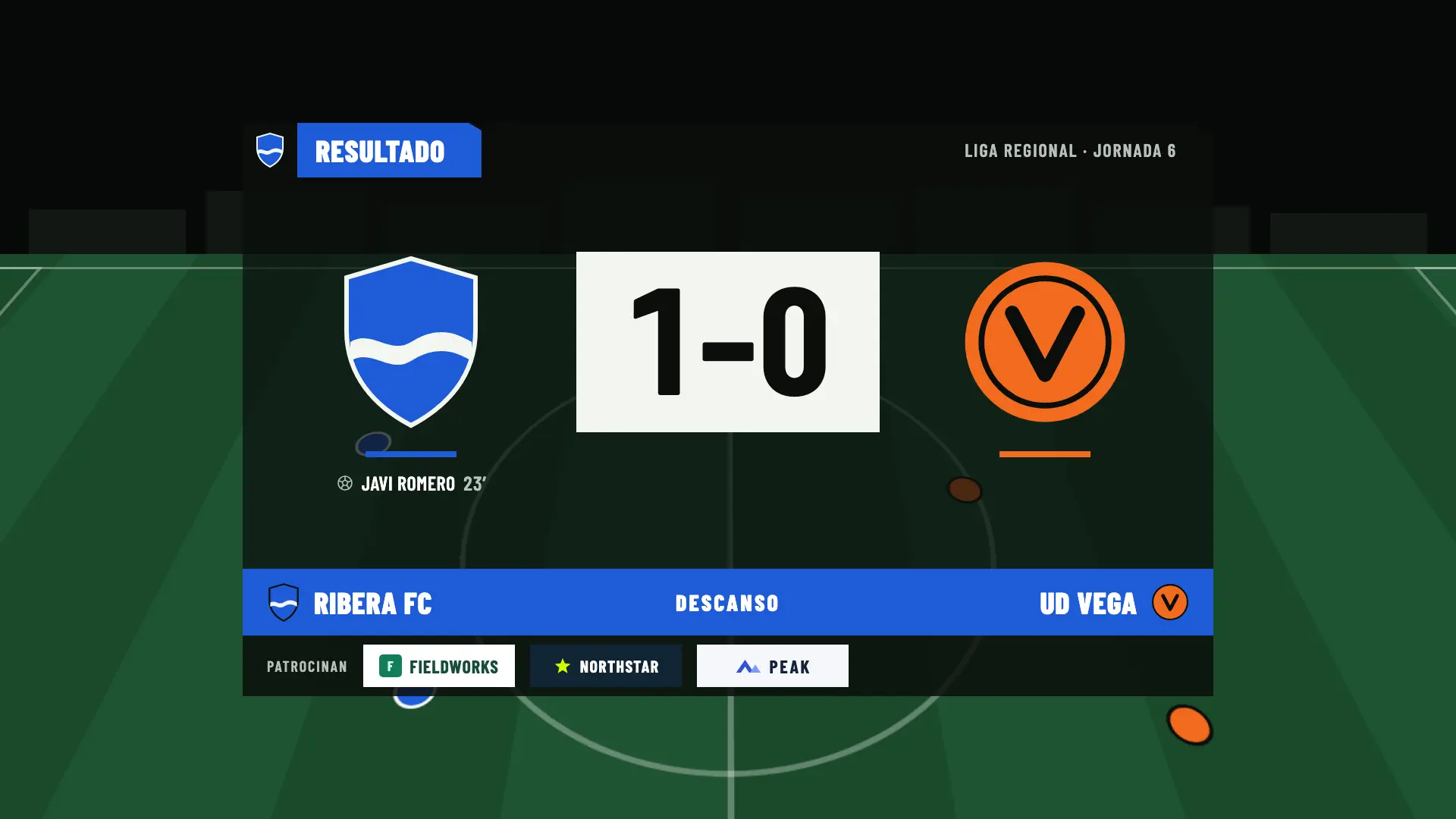 Panel de descanso: Ribera FC 1, UD Vega 0, con el gol de Javi Romero