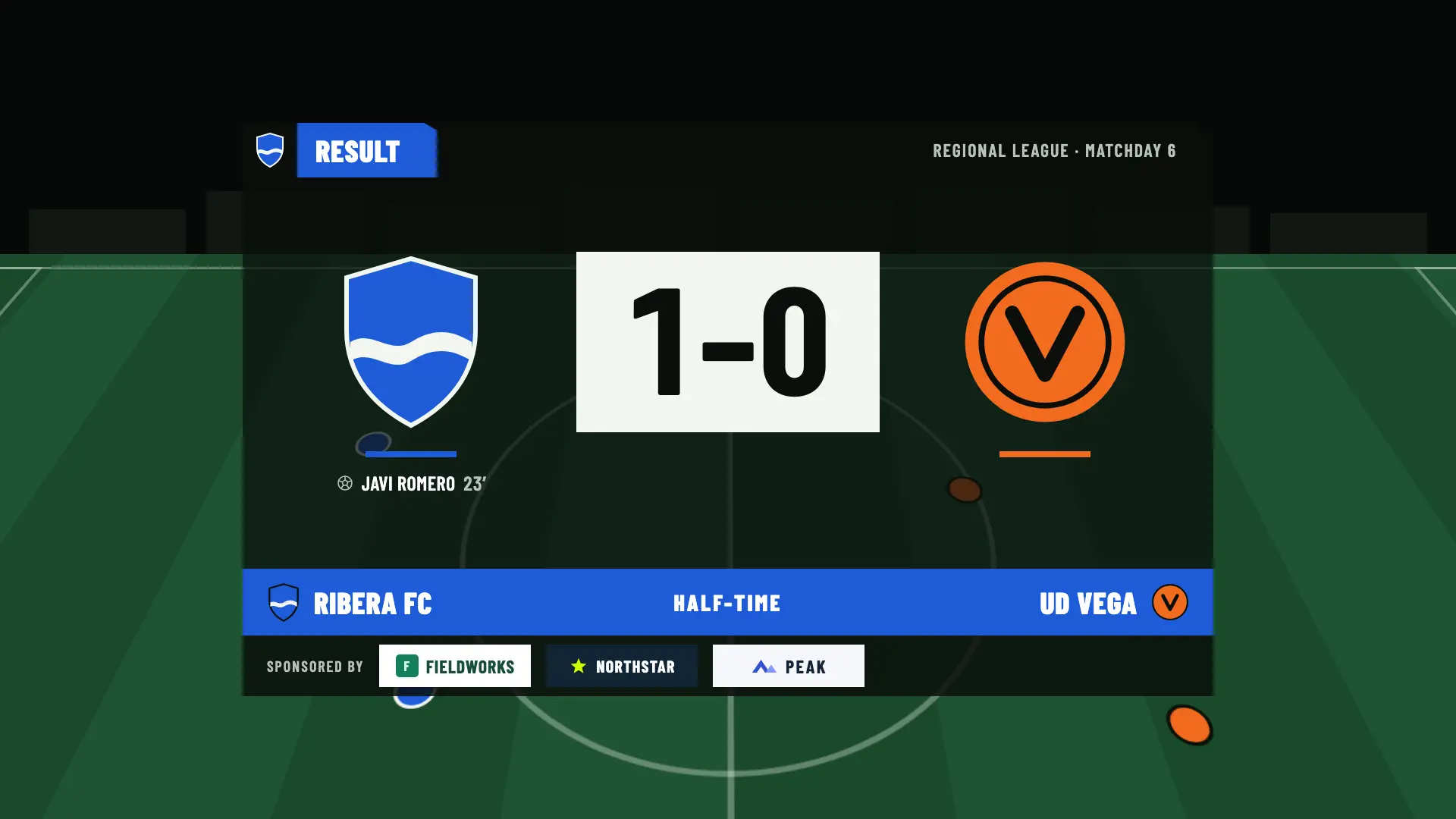 Half-time panel: Ribera FC 1, UD Vega 0, with Javi Romero’s goal