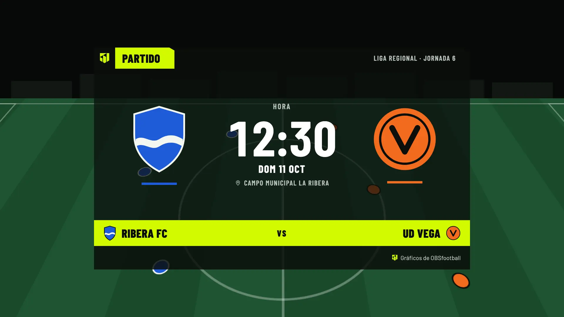 Ficha del partido con el aspecto gratuito: el símbolo de OBSfootball y el acento lima, con los colores de cada equipo