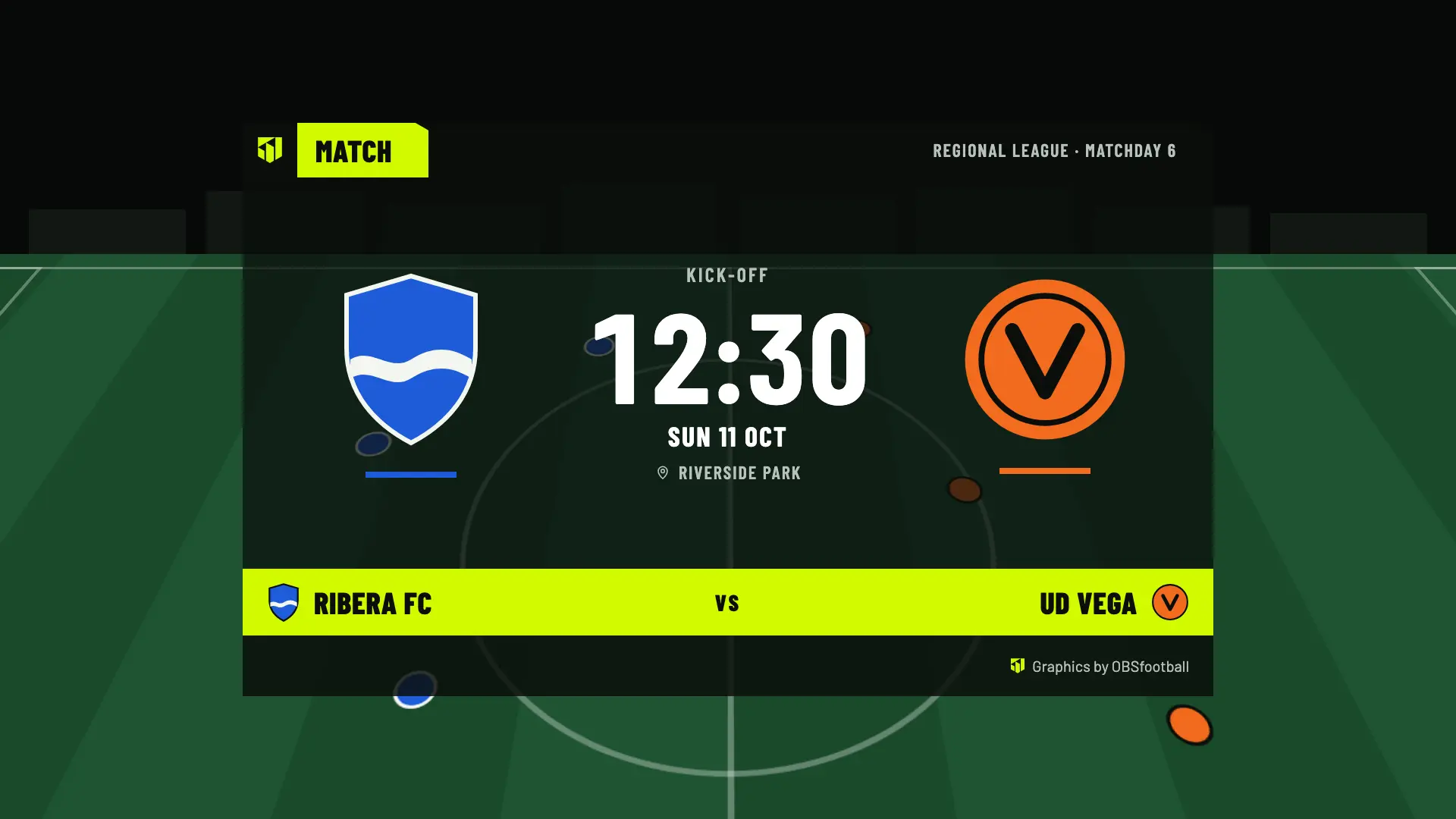 Match card with the free look: the OBSfootball symbol and the lime accent, with each team’s colors