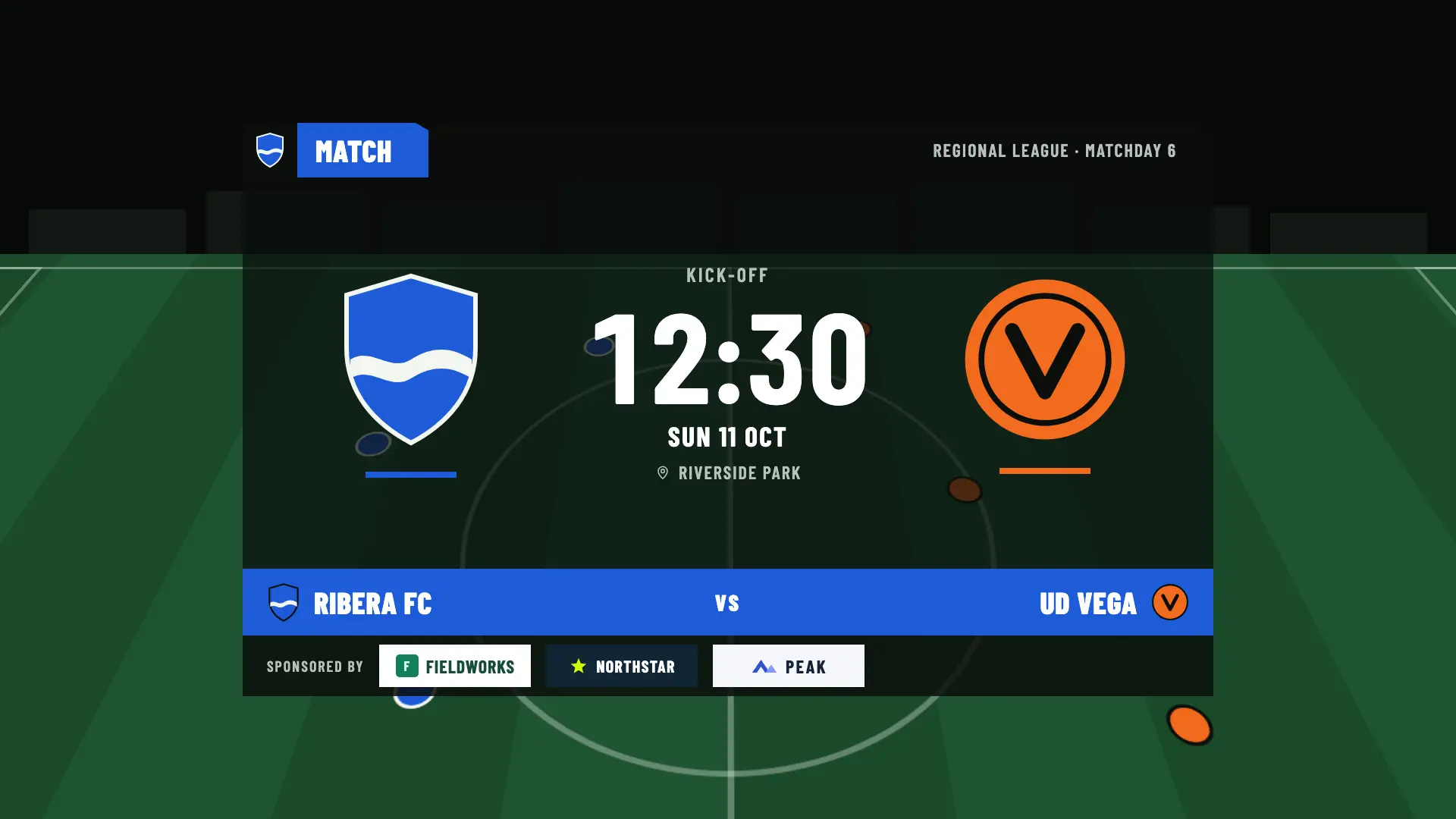 Match card on the broadcast: Ribera FC against UD Vega, Regional League · Matchday 6, Sunday, October 11 at 12:30, with three sponsors at the bottom