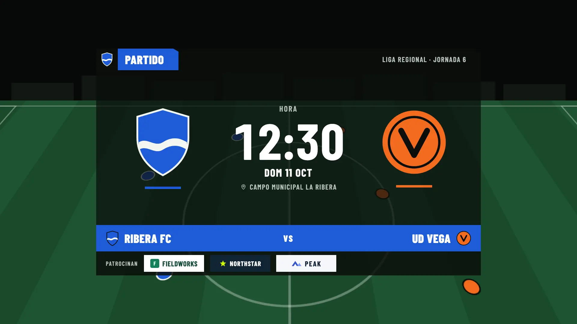Ficha del partido en la previa: Liga Regional, jornada 6, Ribera FC contra UD Vega, domingo 11 de octubre a las 12:30 en el Campo Municipal La Ribera, con tres patrocinadores al pie