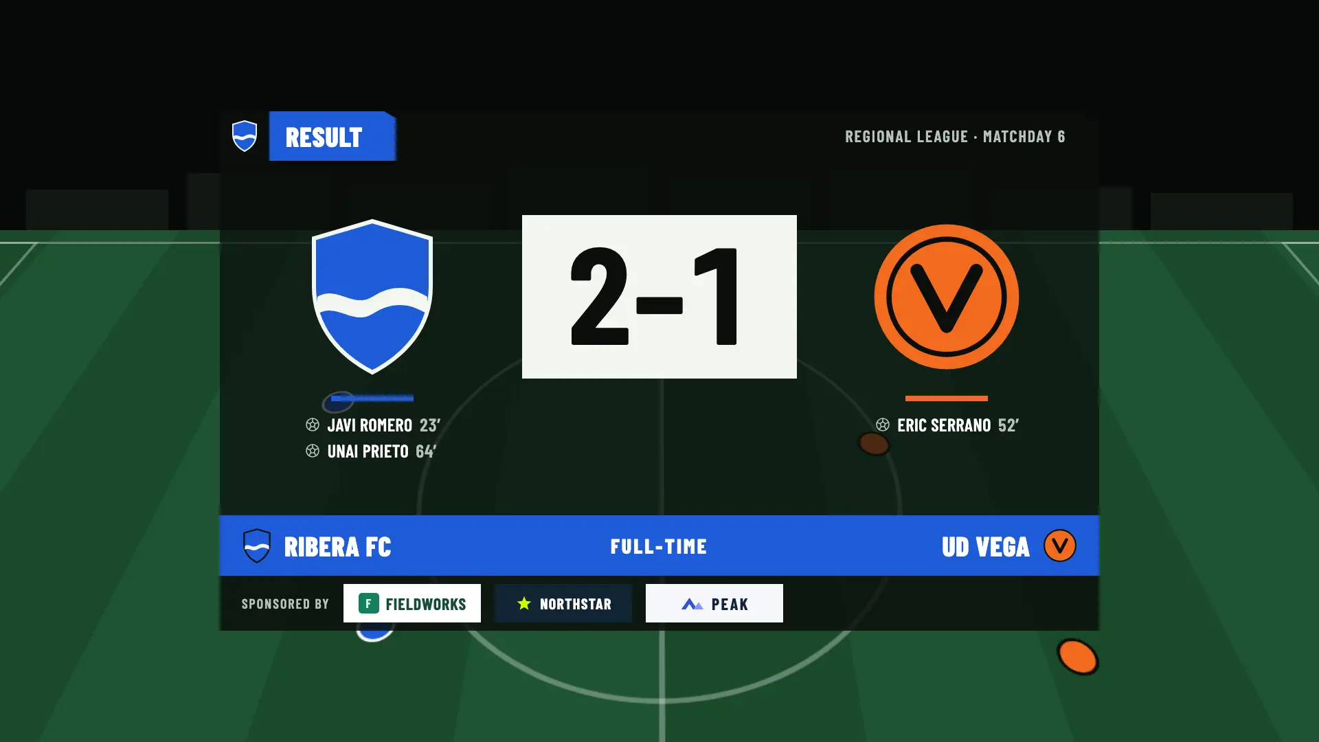 Full-time result: Ribera FC 2, UD Vega 1, with scorers and sponsors