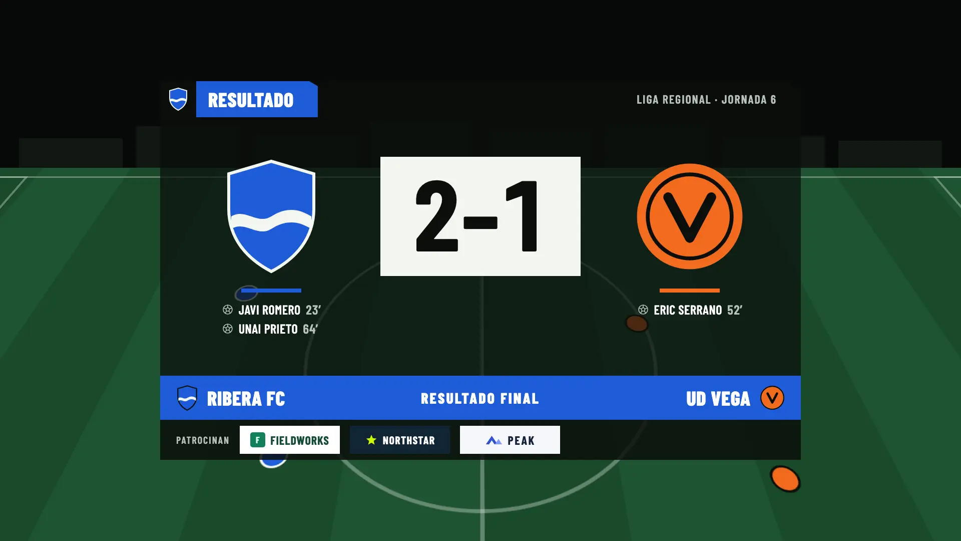 Resultado final: Ribera FC 2, UD Vega 1, con goleadores y patrocinadores