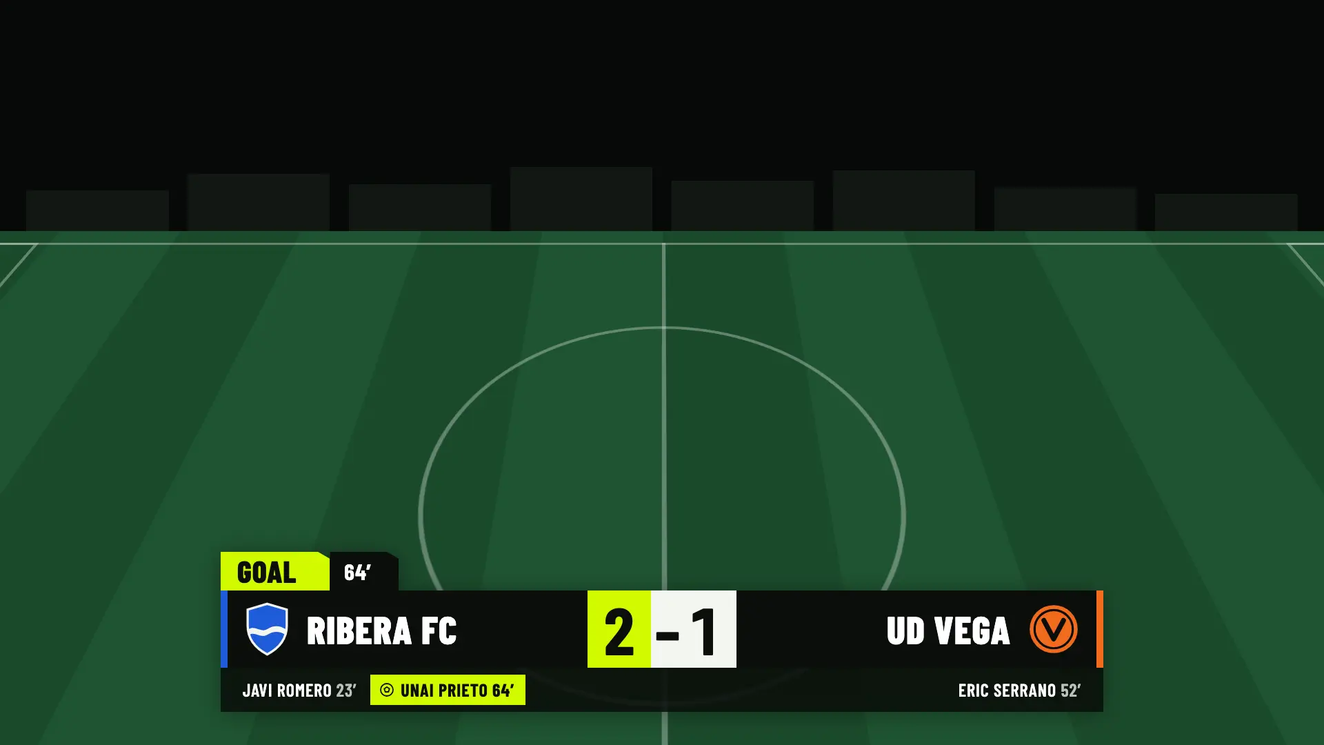 Goal lower third in OBS: goal by Unai Prieto in minute 64, Ribera FC 2, UD Vega 1