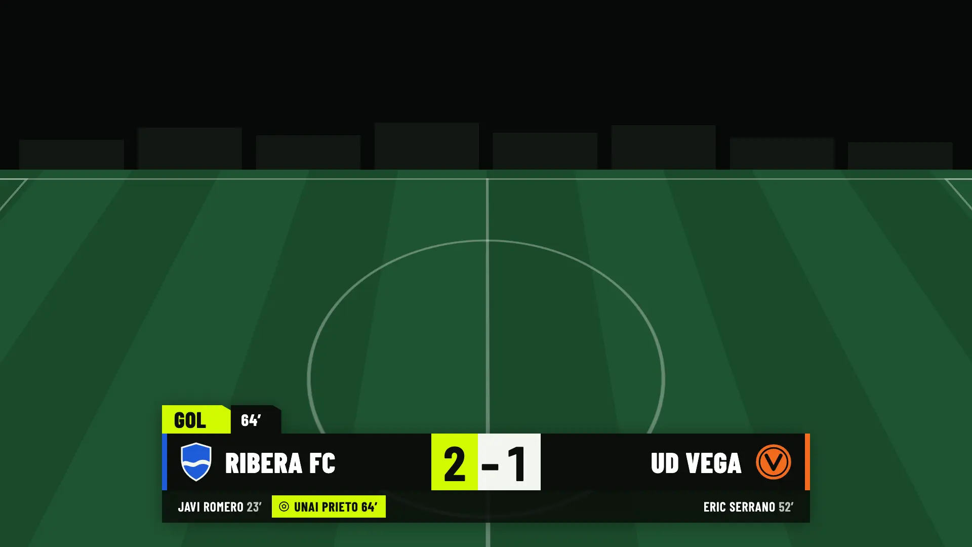 Rótulo de gol en la emisión: gol de Unai Prieto en el minuto 64, Ribera FC 2, UD Vega 1