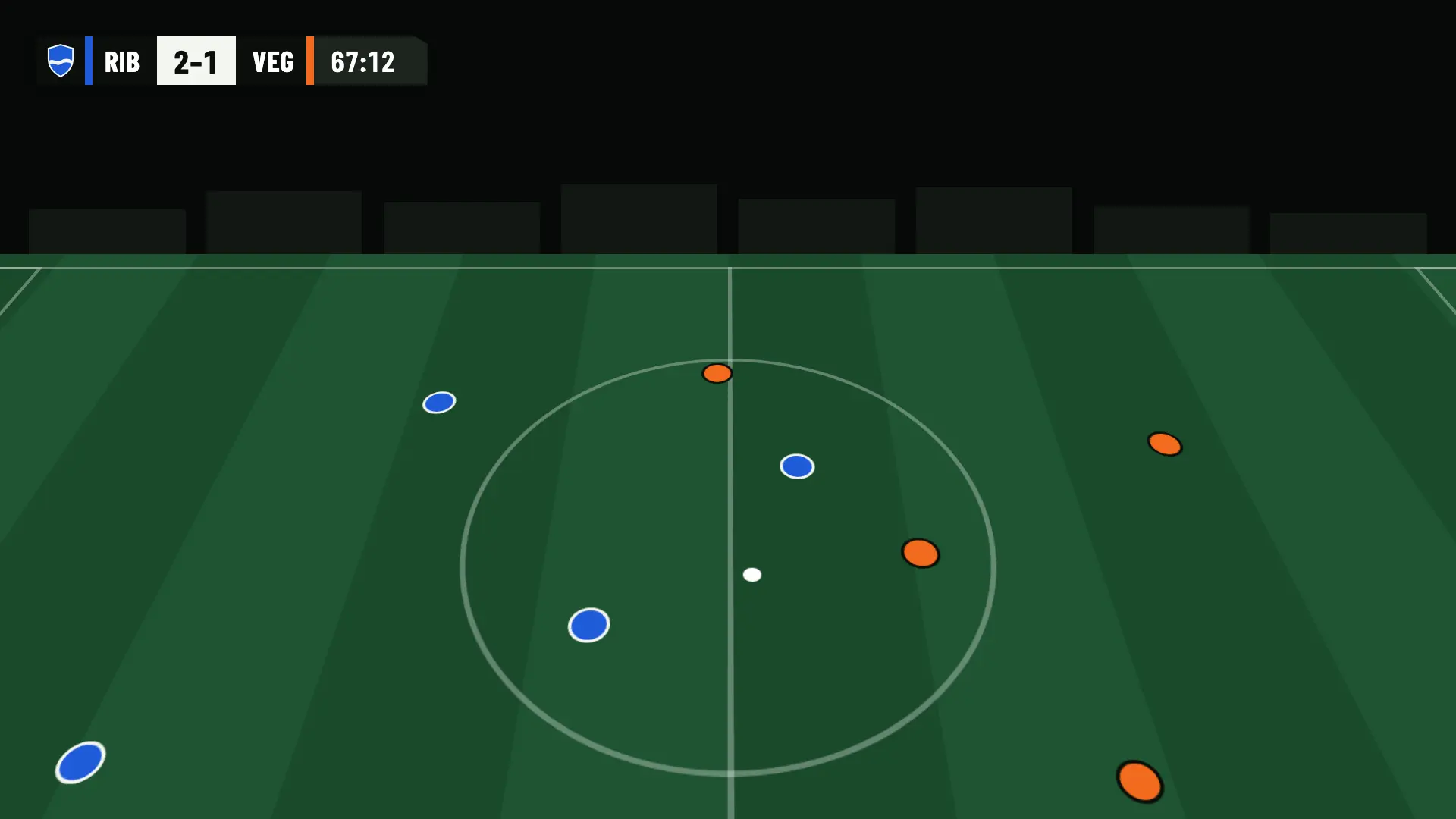 Scoreboard in OBS with Ribera FC’s color and crest: Ribera FC 2, UD Vega 1, minute 67