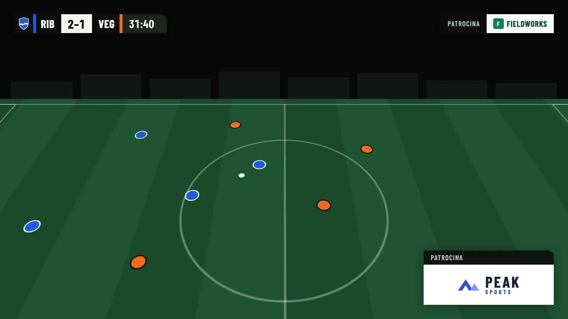 Marcador en OBS con Fieldworks fijo arriba a la derecha y Peak Sports como aparición programada abajo a la derecha