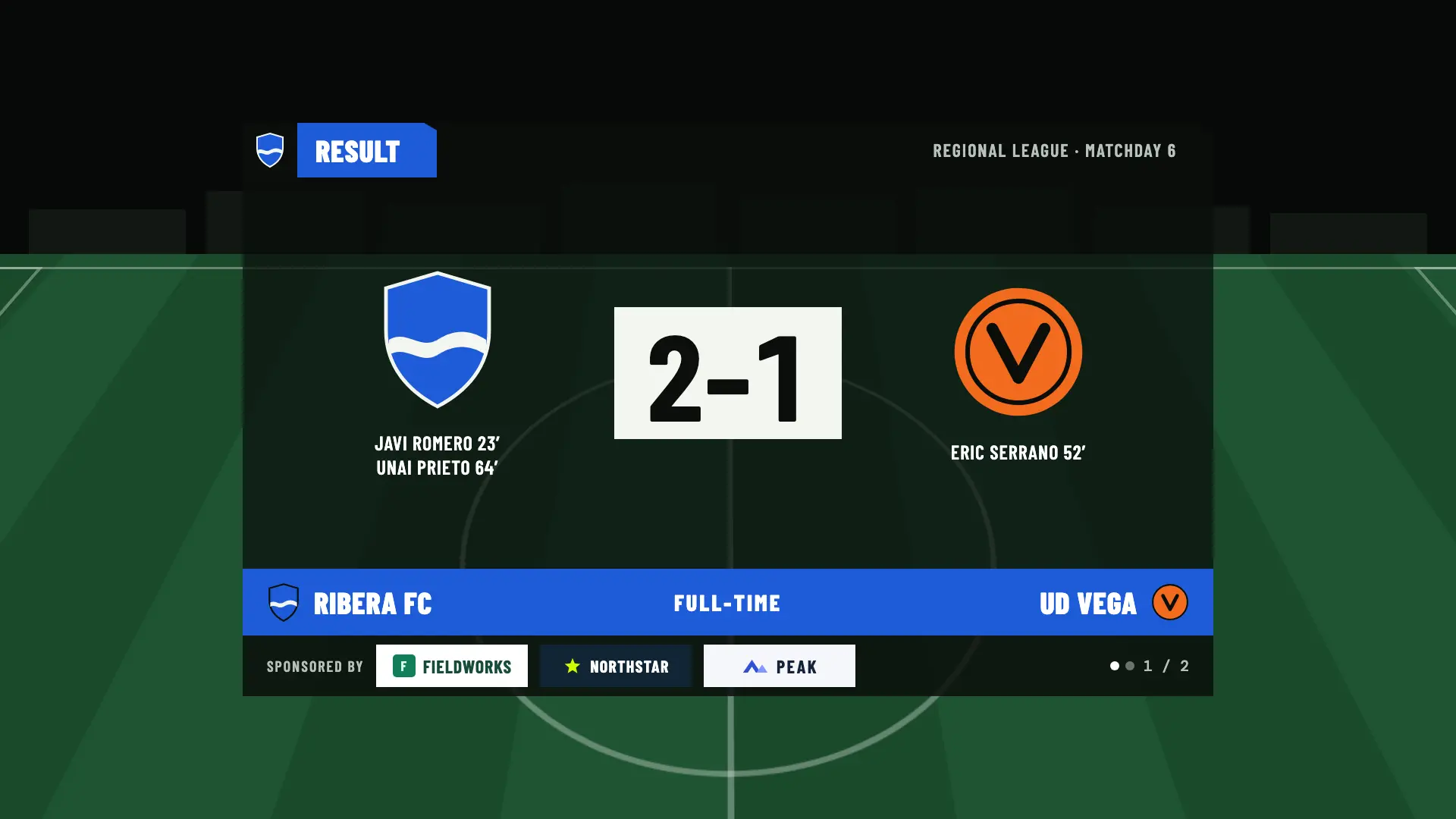 Full-time scene in OBS, Ribera FC 2, UD Vega 1, with the sponsor logos along the bottom
