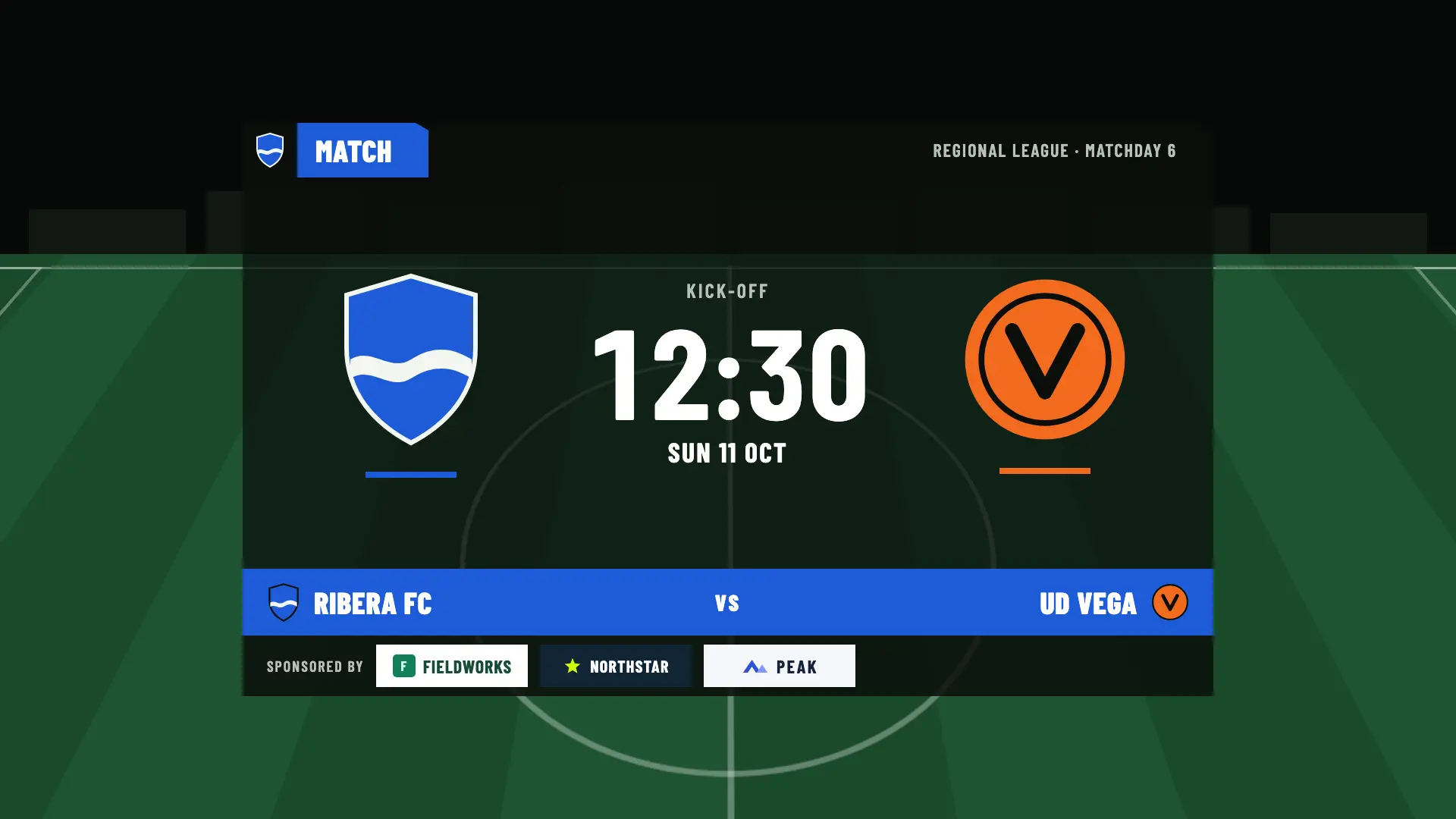 Pre-match scene in OBS: match card for Ribera FC against UD Vega, Sun 11 Oct, kick-off at 12:30, with the Fieldworks, Northstar and Peak Sports logos at the bottom