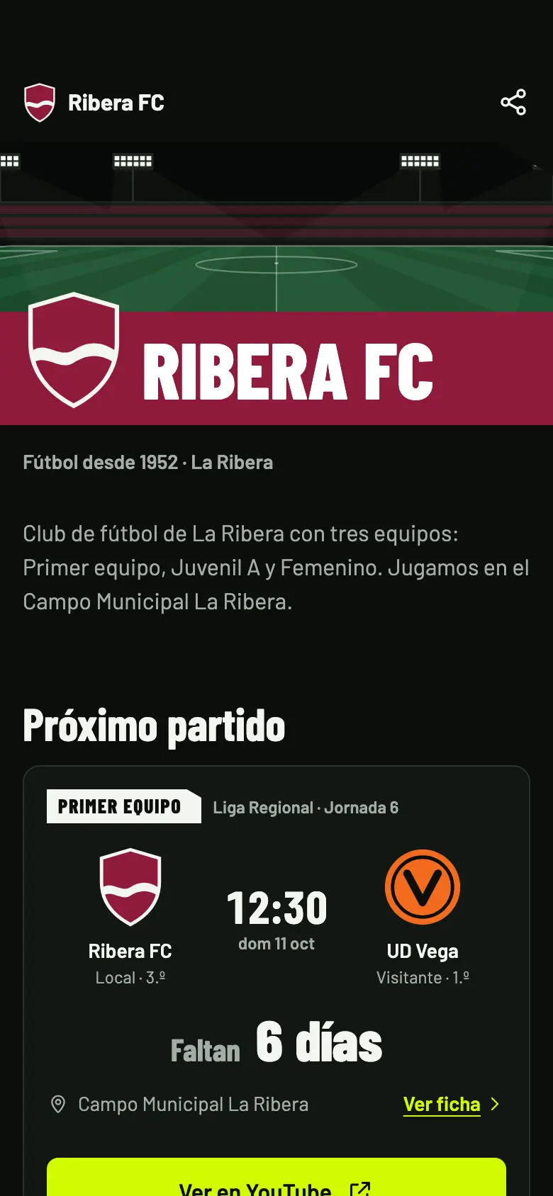 La misma página con los colores granates de otro club