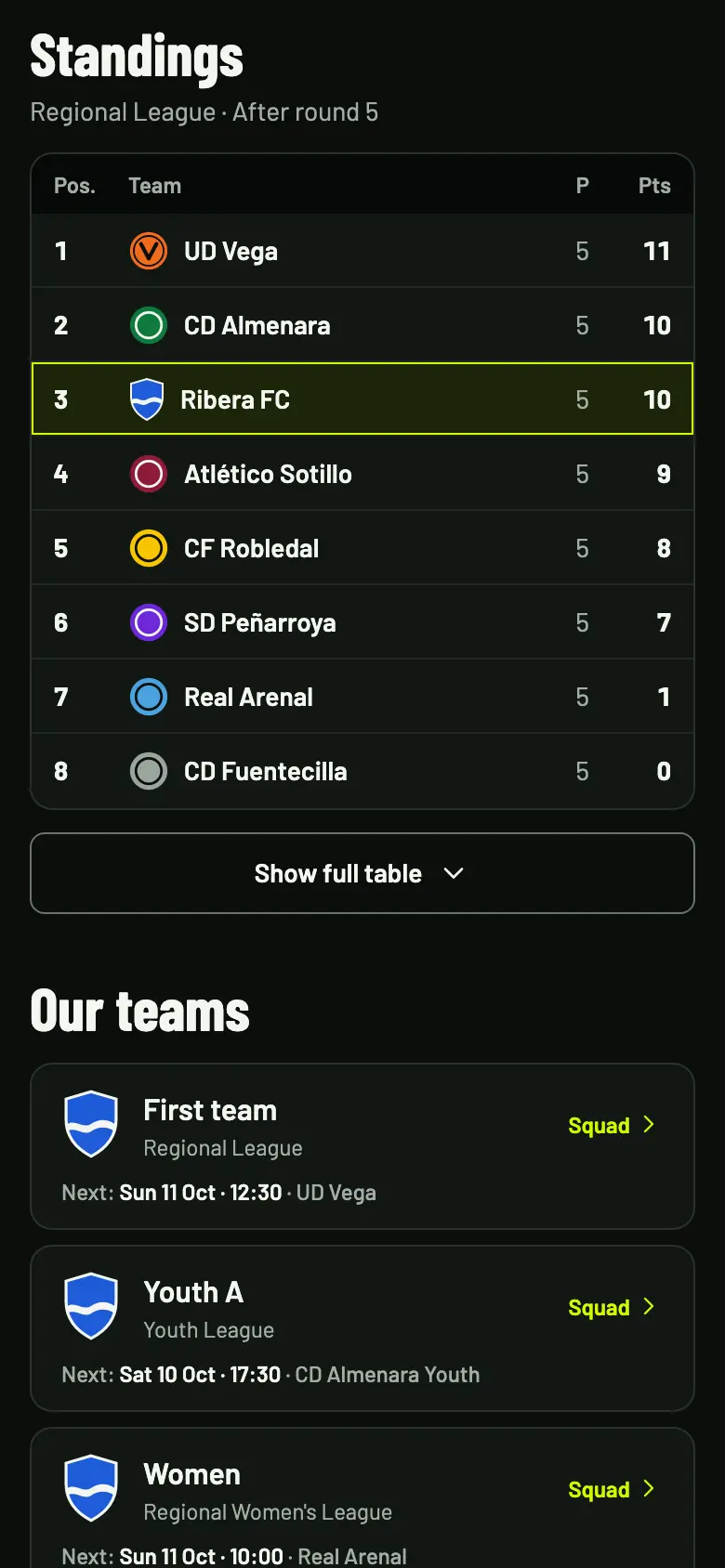Club page on a phone: the Regional League standings with Ribera FC in third place and the list of teams with their next match