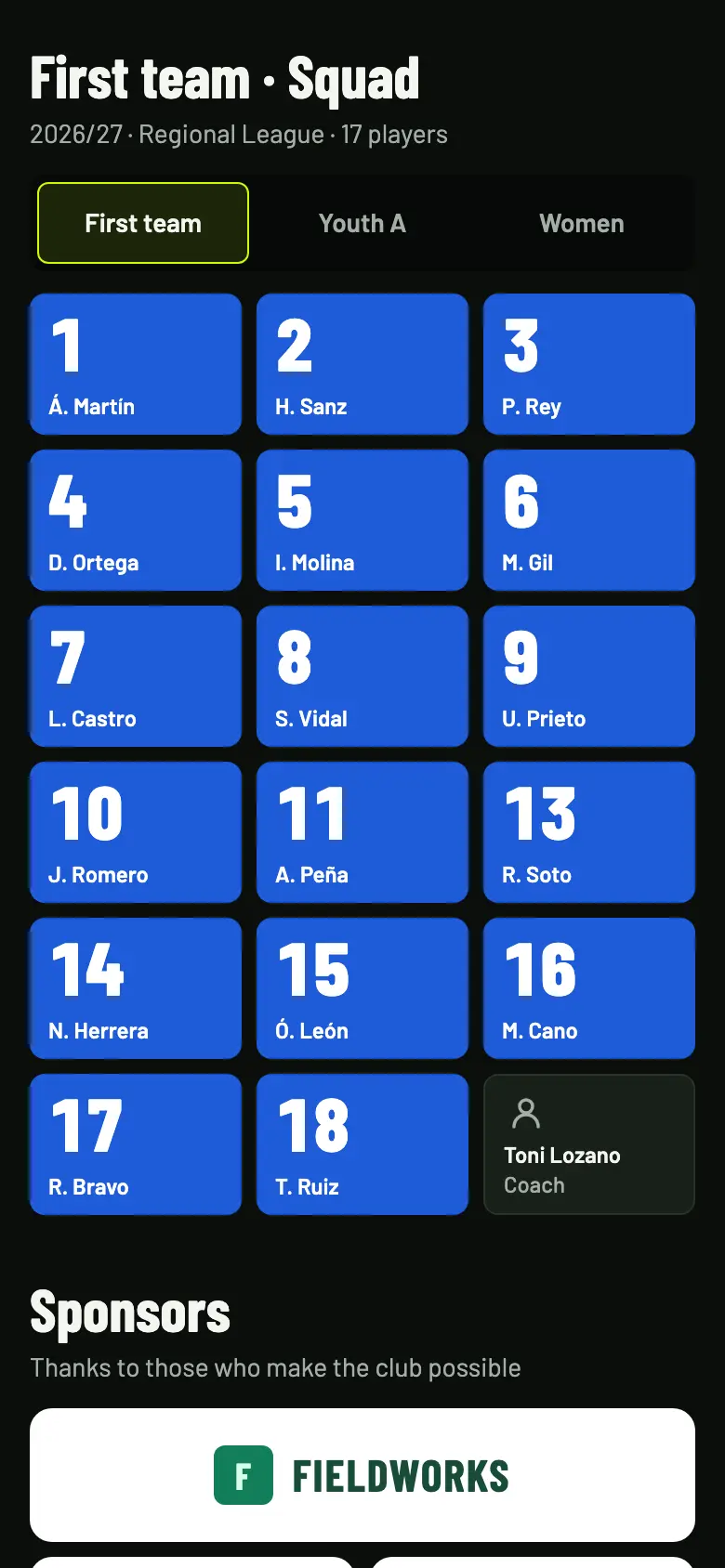 Club page on a phone: the first team’s squad and the sponsors section