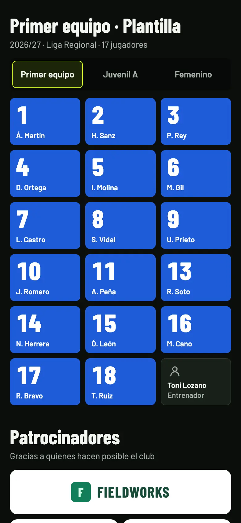 Página del club en el móvil: la plantilla del primer equipo y la sección de patrocinadores