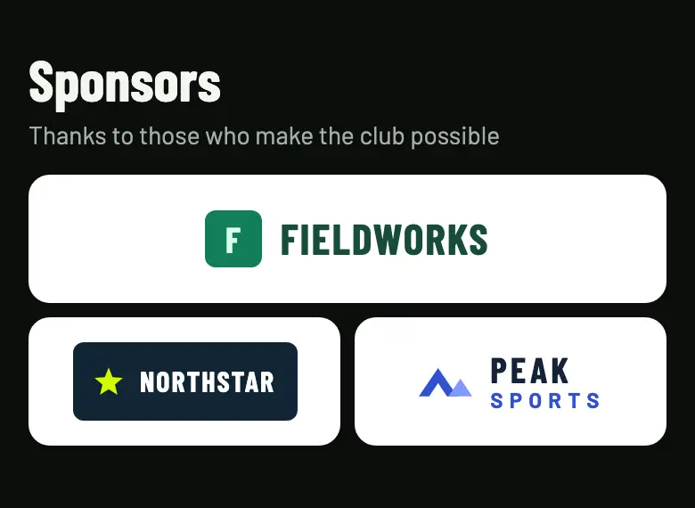 Sponsors section of the club’s public page on a phone, with the Fieldworks, Northstar and Peak Sports logos