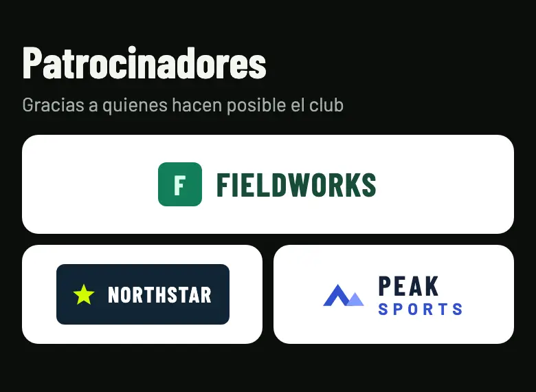 Sección Patrocinadores de la página pública del club en el móvil, con los logos de Fieldworks, Northstar y Peak Sports