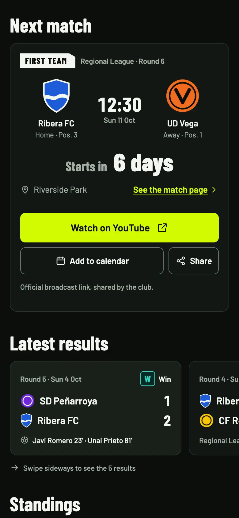 Club page on a phone: the next match with the countdown, the Watch on YouTube button and the latest results