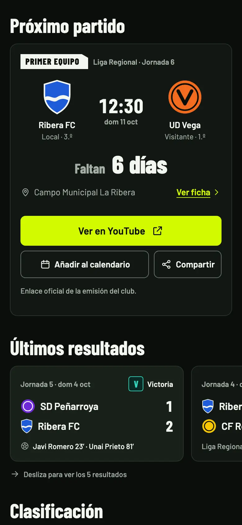 Página del club en el móvil: el próximo partido con la cuenta atrás, el botón Ver en YouTube y los últimos resultados