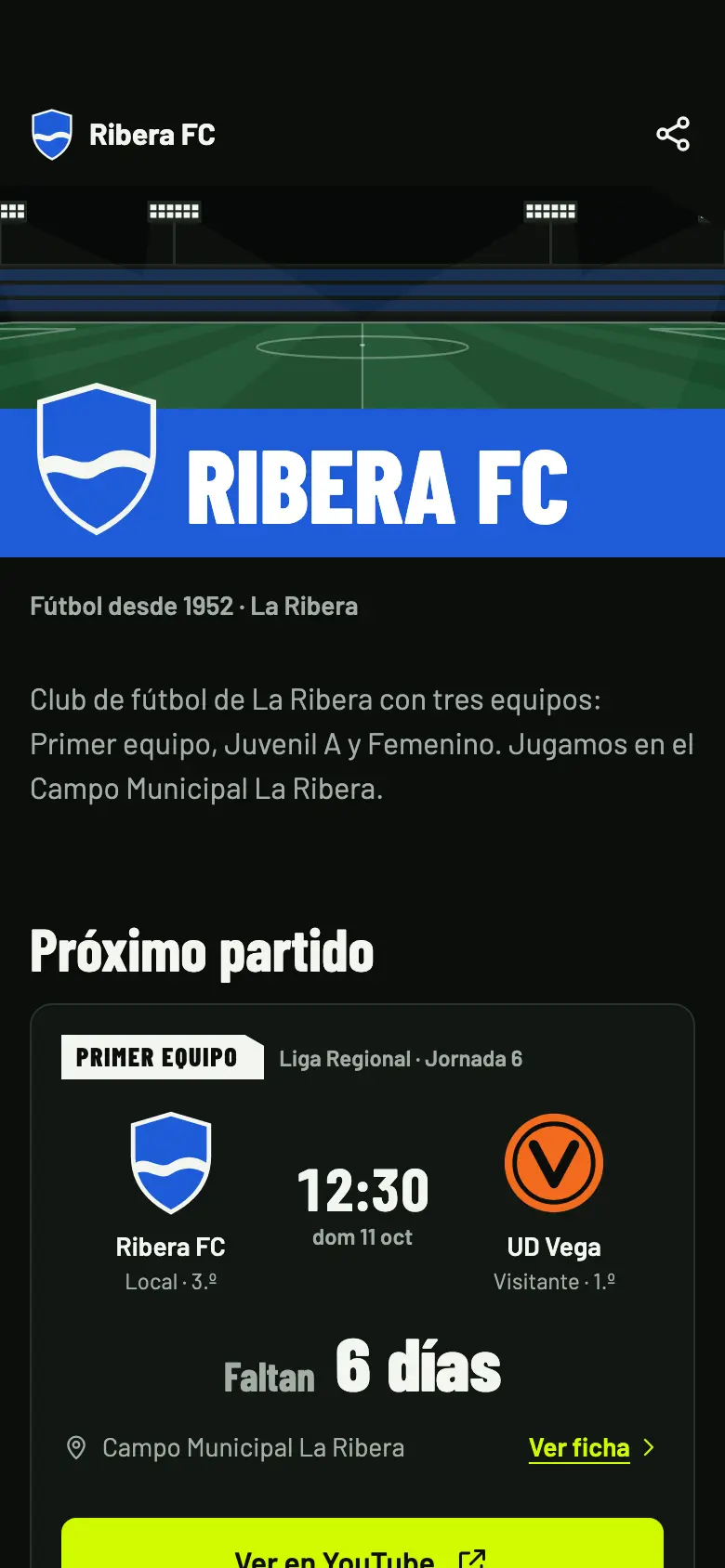 Página pública de Ribera FC en el móvil, con el próximo partido