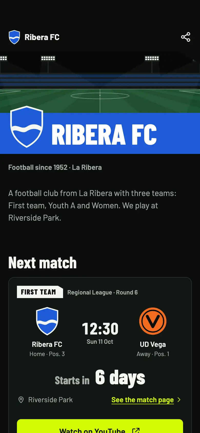 Ribera FC’s public page on a phone, with the next match