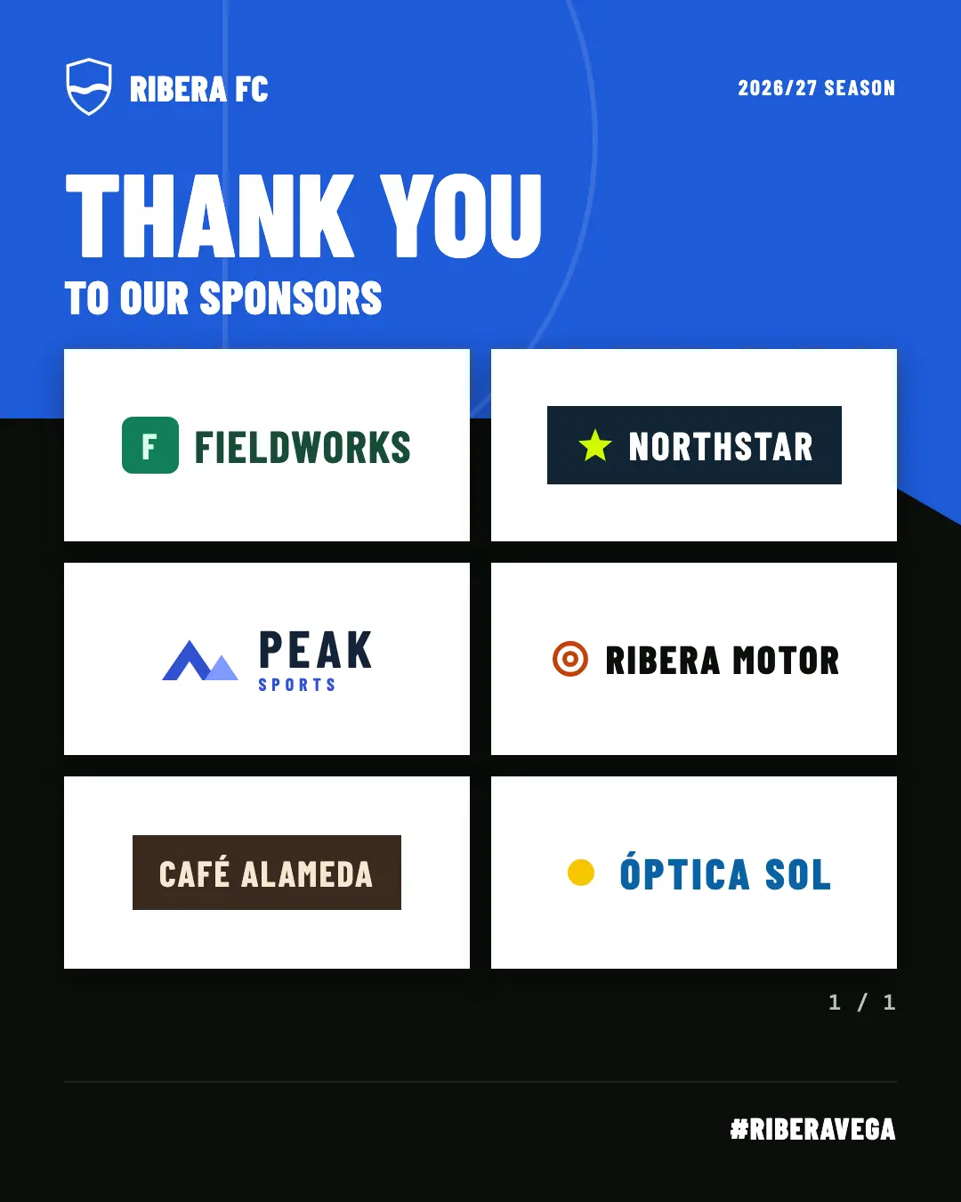 Image “Thank you to our sponsors” with the club’s six sponsors on white tiles: Fieldworks, Northstar, Peak Sports, Ribera Motor, Café Alameda and Óptica Sol