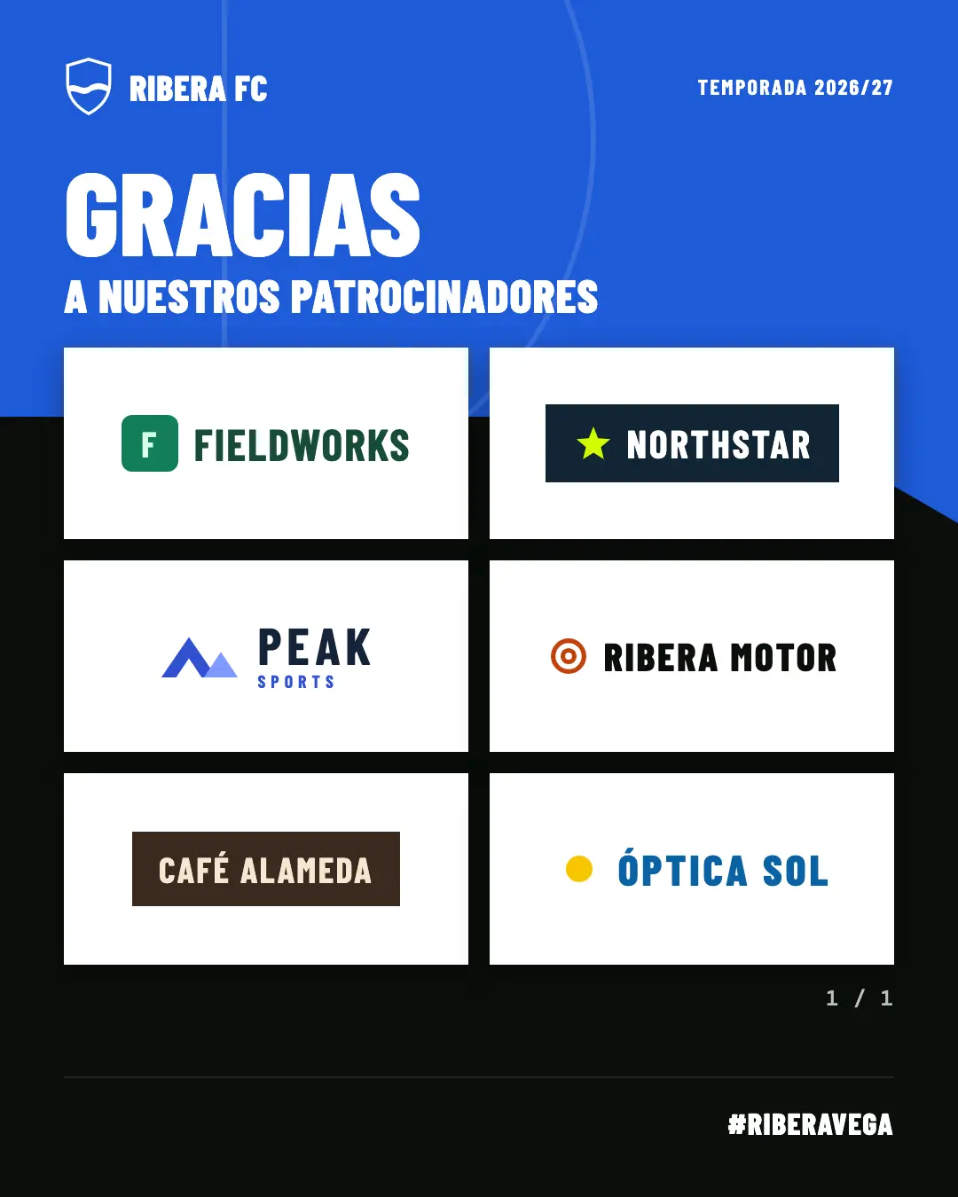 Imagen «Gracias a nuestros patrocinadores» con los seis patrocinadores del club en teselas blancas: Fieldworks, Northstar, Peak Sports, Ribera Motor, Café Alameda y Óptica Sol