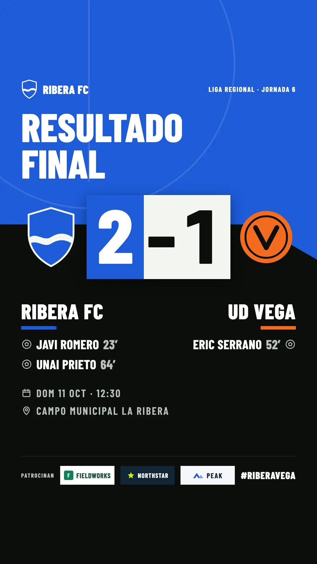 Imagen en formato historia con el resultado final, Ribera FC 2, UD Vega 1
