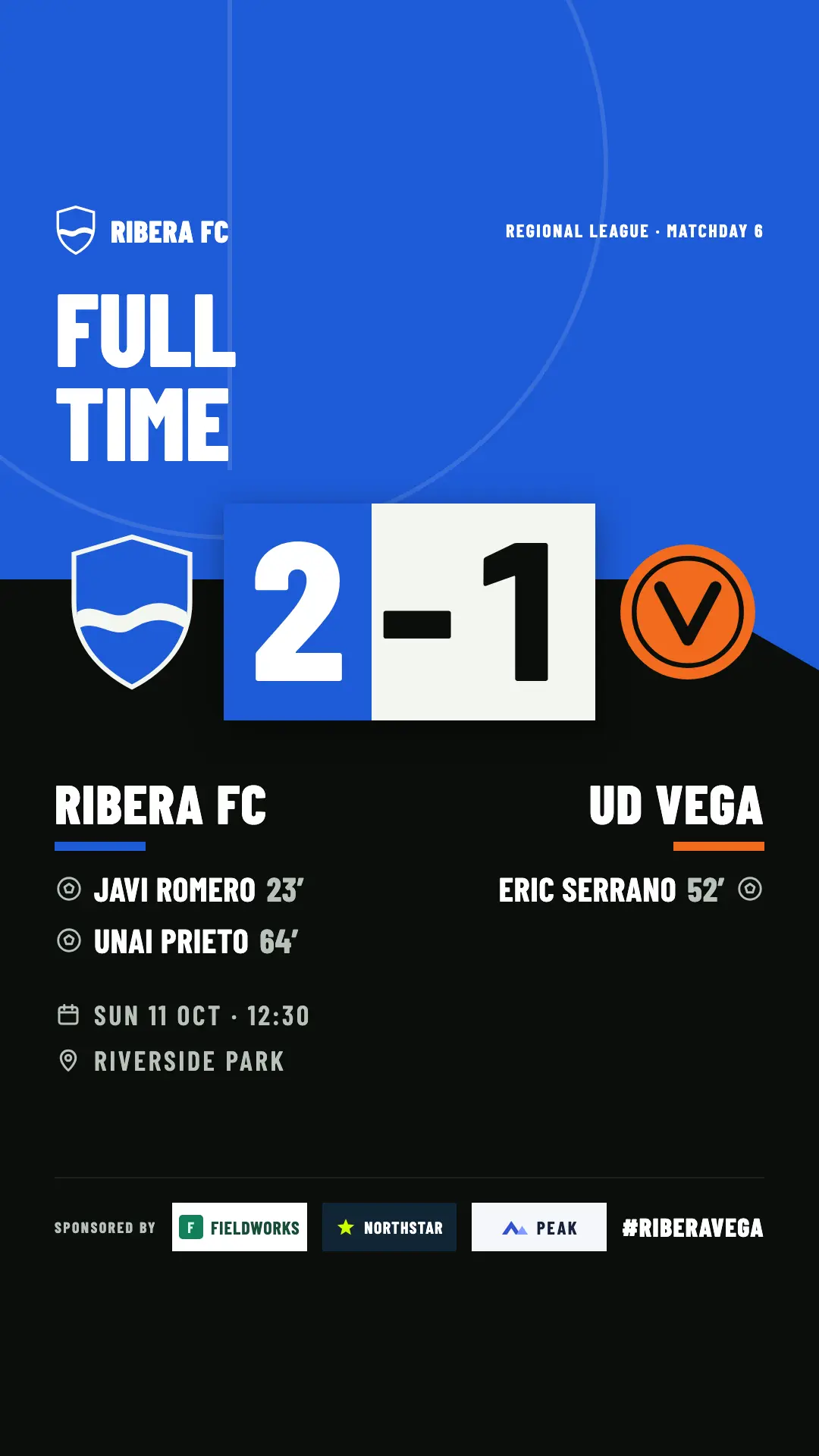 Story-format image with the full-time result, Ribera FC 2, UD Vega 1