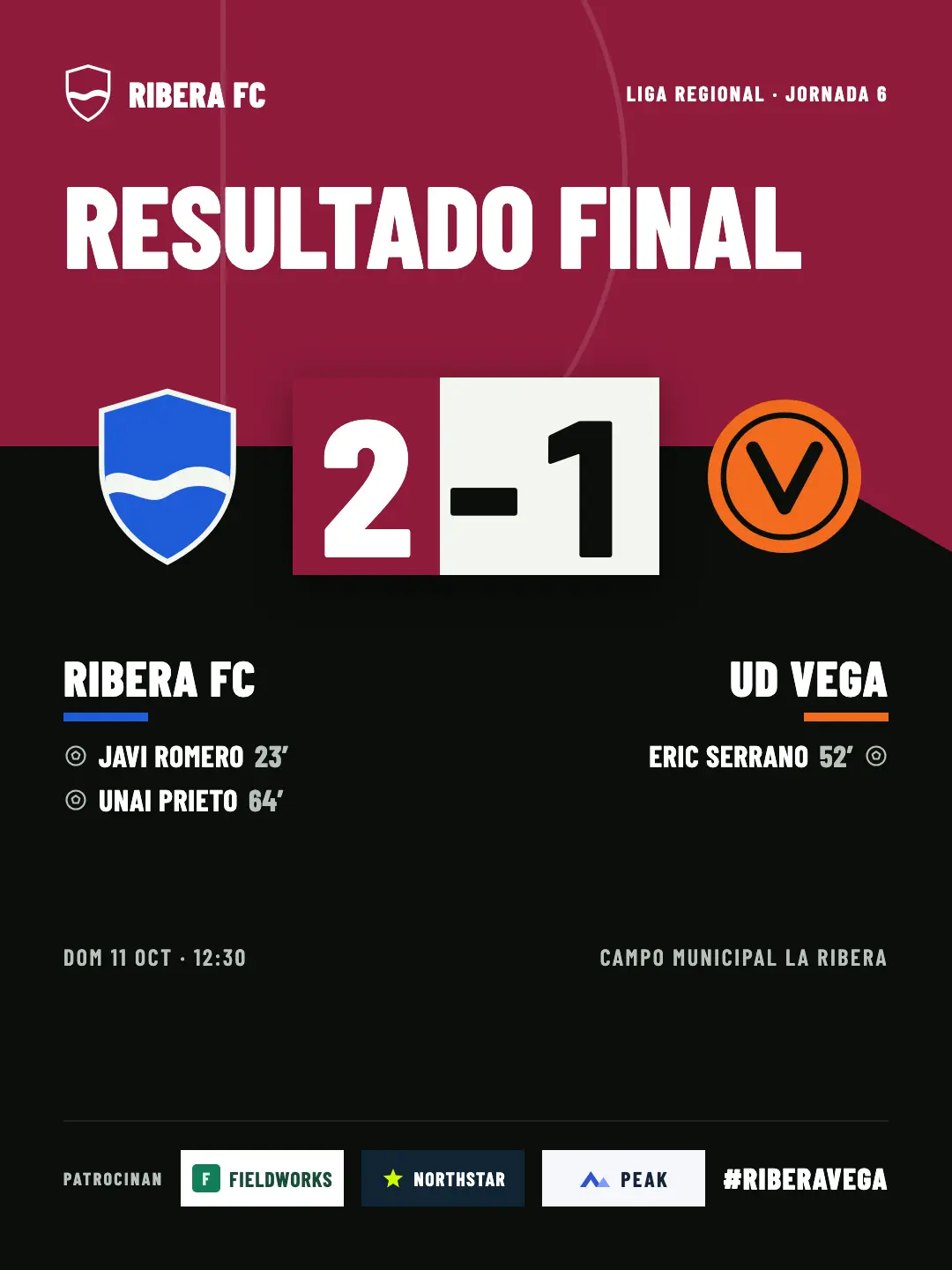 Resultado final con el color de club granate, texto blanco