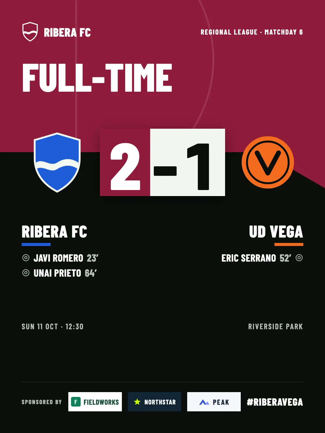 Full-time result in the club color maroon, white text