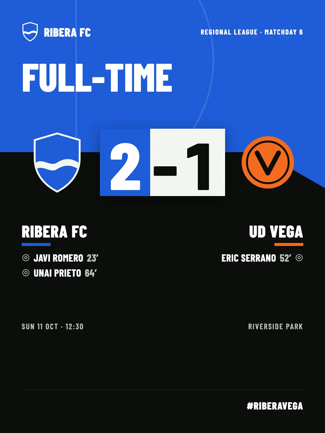Instagram image: full-time result, Ribera FC 2, UD Vega 1, with scorers